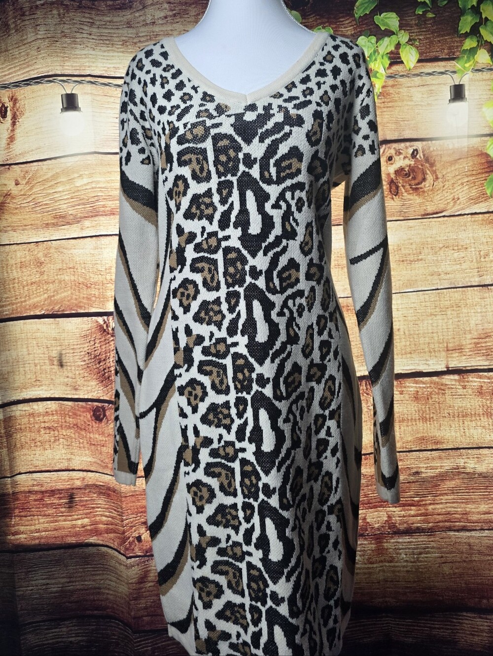 VENUS Animal Print Long Sleeve Sweater Dress - Black, White, Brown